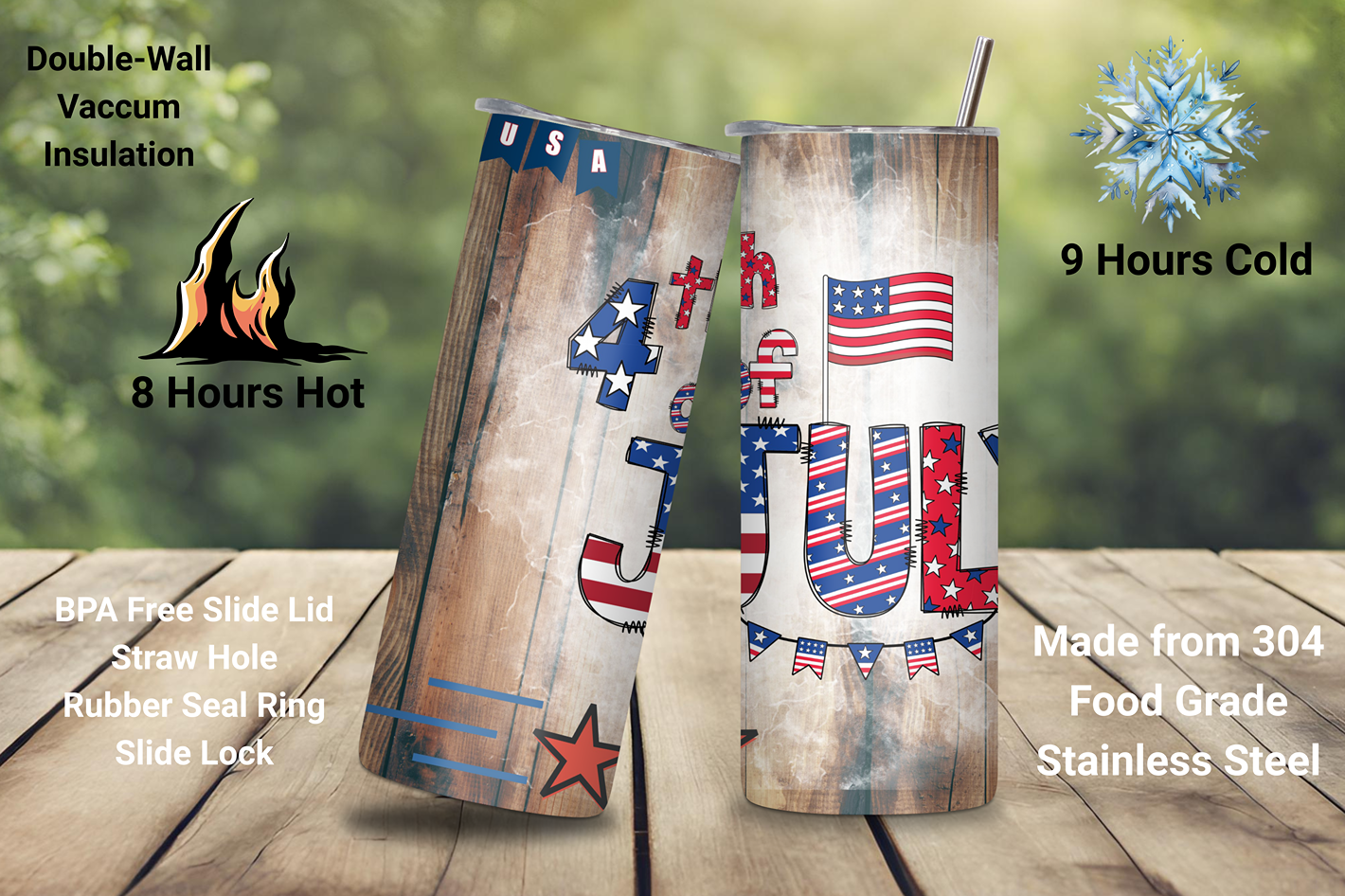 Patriotic Wooden 4th of July USA Tumbler, Flag Travel Cup, Red, White, and Blue Coffee Cup, 20OZ Tumbler, 22OZ Tumbler, 30OZ Tumbler