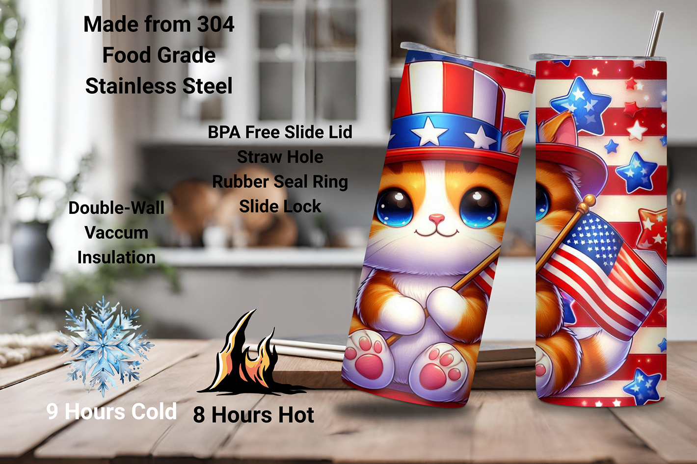 Patriotic Kitten Tumbler, 4th of July Cup, Cute Animal and Flag Travel Mug, 20OZ Tumbler, 22OZ Tumbler, and 30OZ Tumbler