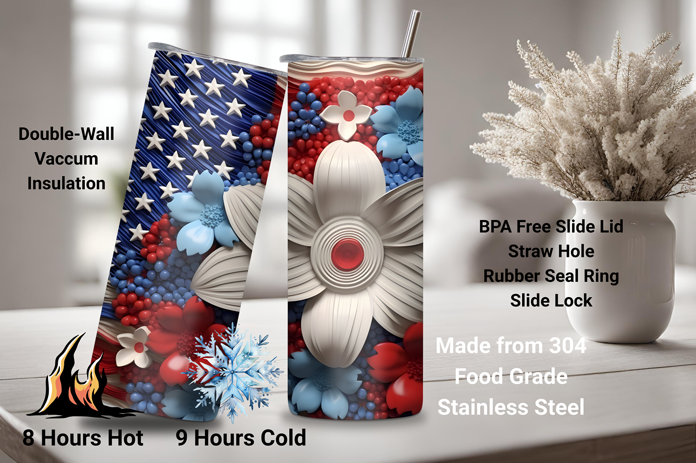 Floral Patriotic Tumbler, 4th of July Travel Mug, Red, White, and Blue Coffee Cup, 20OZ Tumbler, 22OZ Tumbler, 30OZ Tumbler