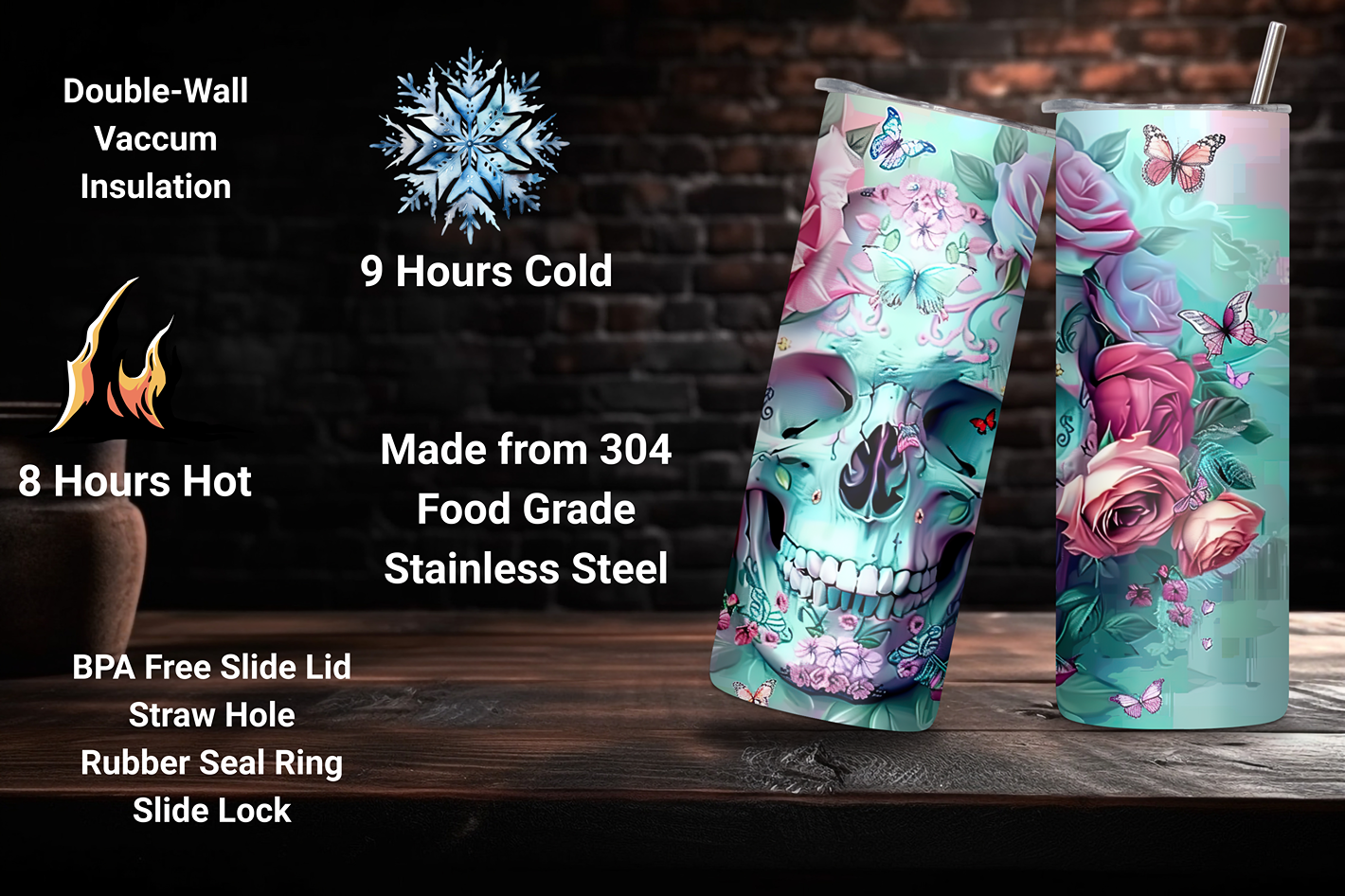 Ethereal Skull and Roses Tumbler, Goth Tumbler, Skull Tumbler, Gift for Her, 20OZ Tumbler, 22OZ Tumbler, 30OZ Tumbler