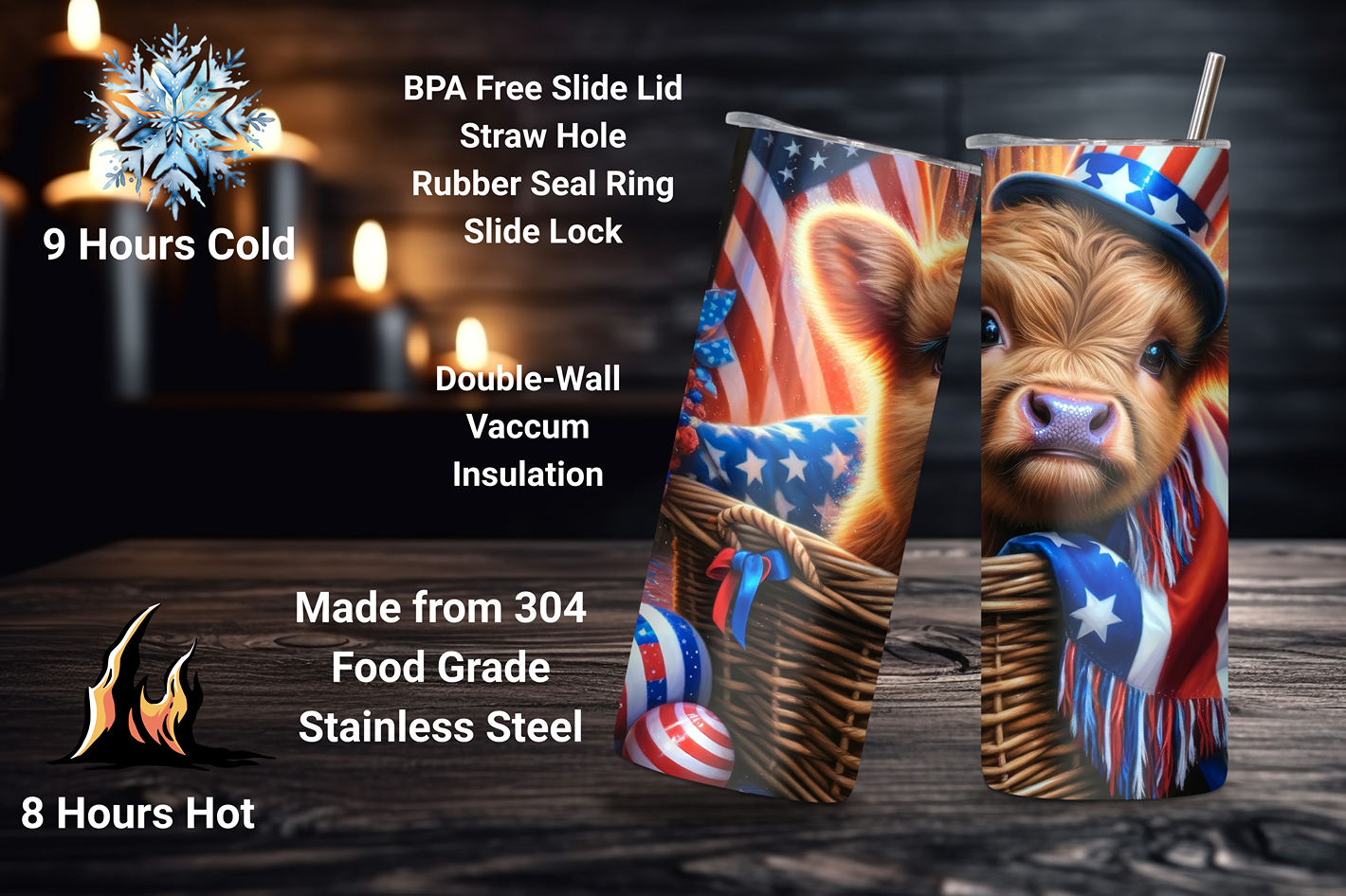 Patriotic Highland Cow Tumbler, American Flag Coffee Cup, Cute Baby Cow Travel Mug, 20OZ Tumbler, 30OZ Tumbler