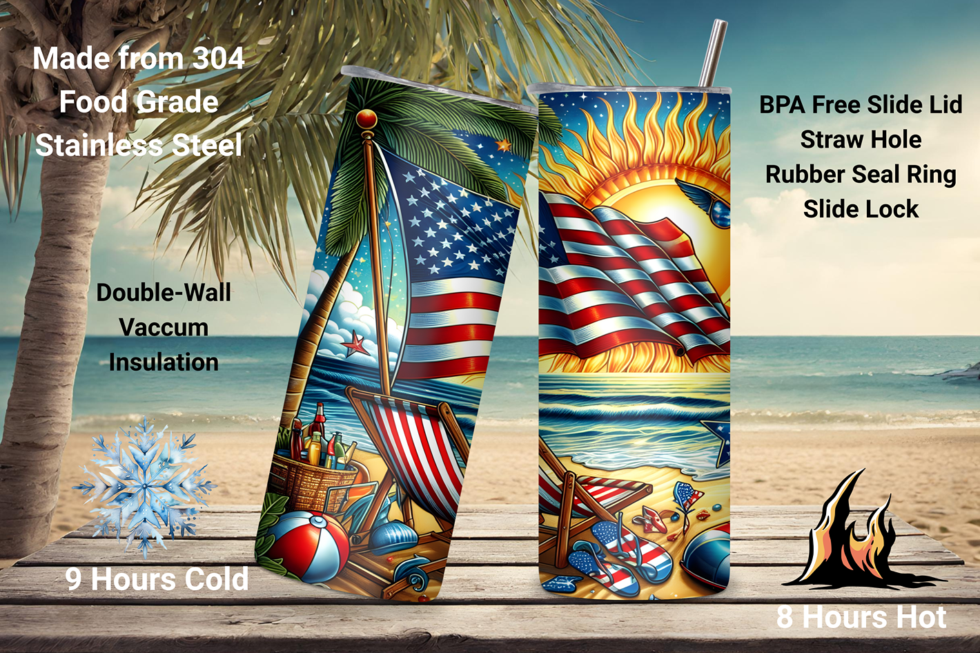 Sunset Beach Patriotic Tumbler, 4th of July Tumbler, Summer Fun Cup, Travel Mug, 20OZ Tumbler, 22OZ Tumbler, 30OZ Tumbler