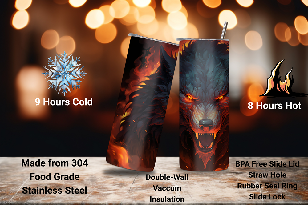 Fiery Wolf Tumbler, Scary Wolf Coffee Cup, Red Glowing Eyes Wolf Travel Mug, 20OZ Tumbler, 22OZ Tumbler, 30OZ Tumbler
