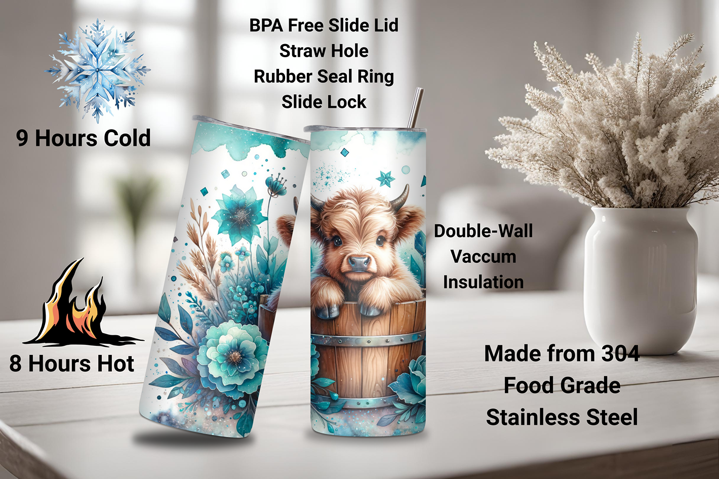 Floral Bliss Highland Cow Tumble, Light Blue Style Travel Cup, Flowers and Cow Coffee Cup, Gift for her, 20OZ Tumbler