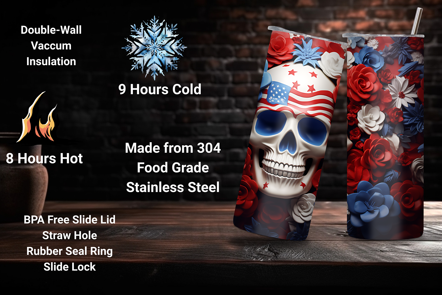 Patriotic Skull Tumbler, 4Th of July Skull Tumbler, Independence Day Travel Mug, 20OZ Tumbler, 22OZ Tumbler, 30OZ Tumbler