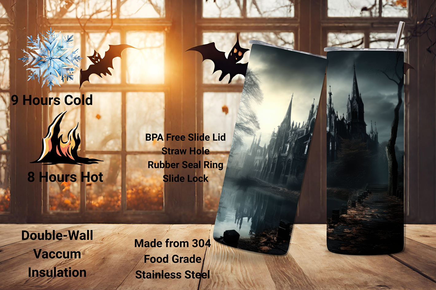 Gothic Cathedral at Dusk Halloween Tumbler, Haunted Castle Coffee Cup, Haunted Halloween Manor, 20OZ Tumbler, 22 OZ Tumbler. 30OZ Tumbler