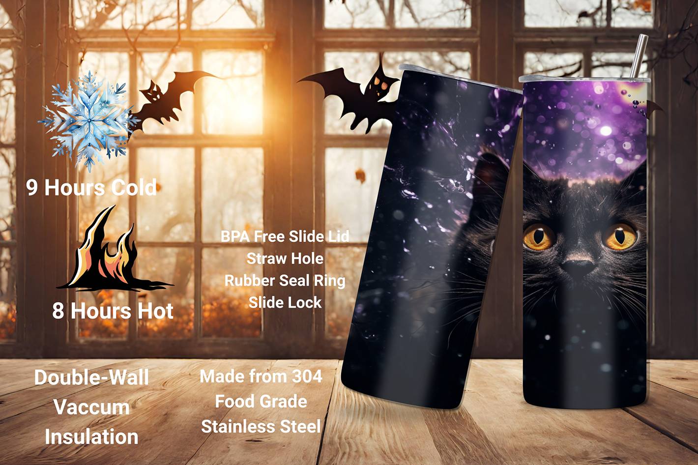 Mystic Purr Halloween Cat Tumbler, Black Cat Coffee Cup, Creepy Spooky Underwater Cat, 20OZ Tumbler, 22OZ Tumbler, 30OZ Tumbler