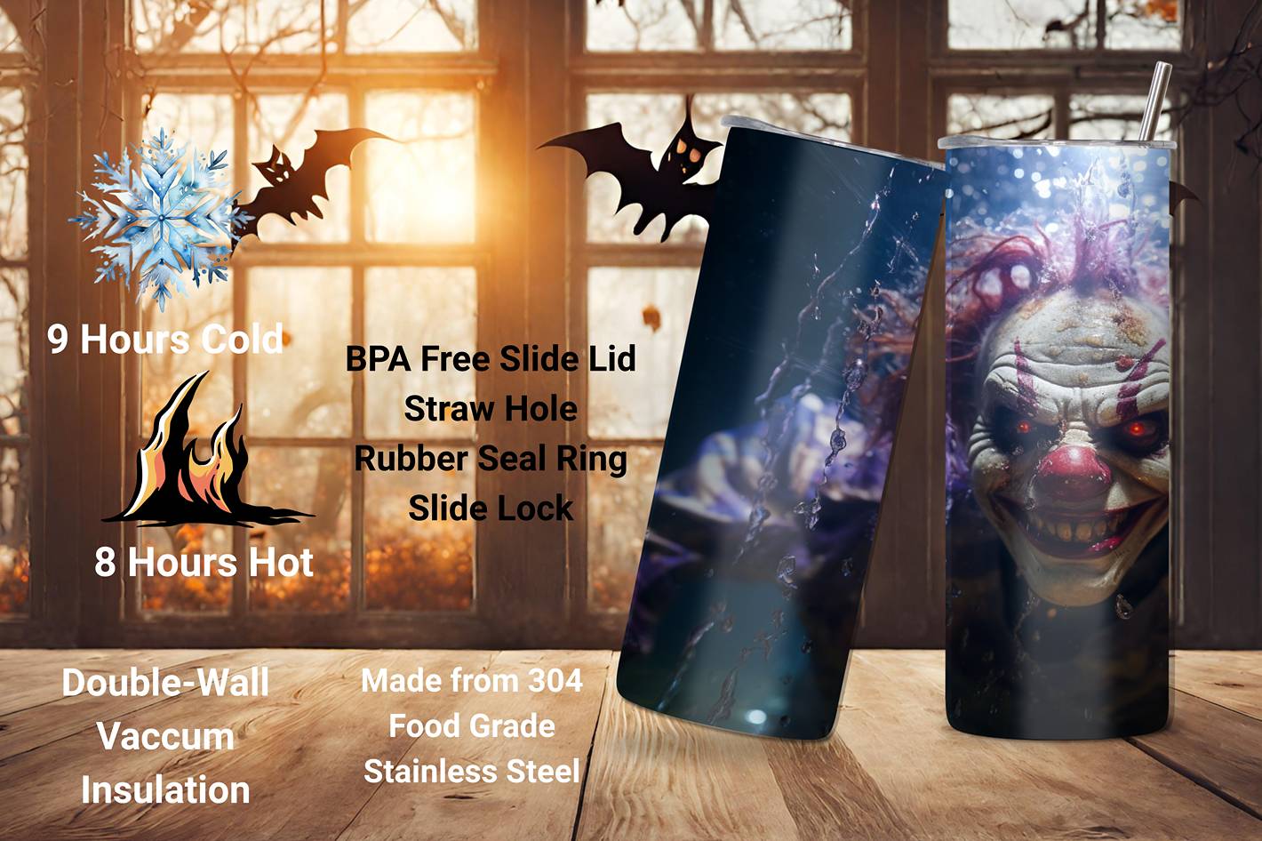 Grinning Terror Halloween Clown Tumbler, Spooky Halloween Jester Cup, Horror and Terror Cup, 20OZ Tumbler, 22OZ Tumbler, 30OZ Tumbler