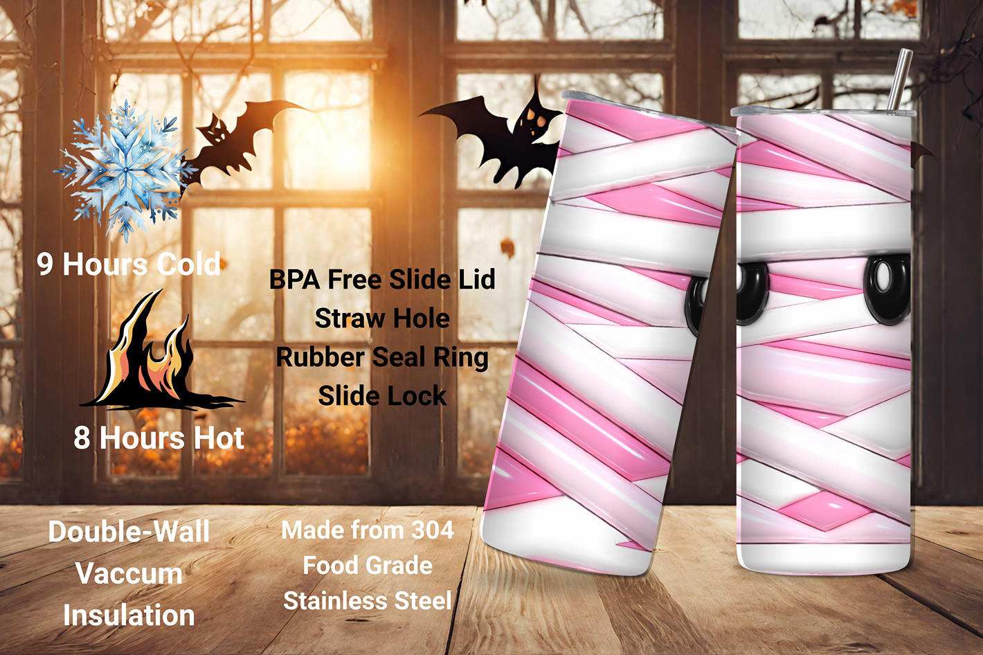 Mummy Wrap Tumbler, Pink Mummy Tumbler, Halloween Spooky Season Gift, Gift for Her, 20OZ Tumbler, 22OZ Tumbler, 30OZ Tumbler