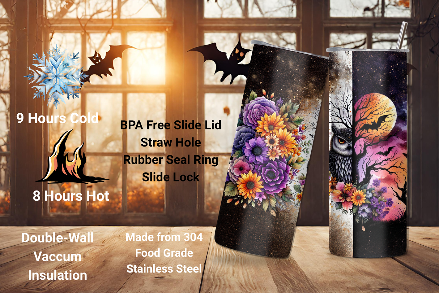 Autumn Magic Tumbler, Night and Day Change Travel Mug, Owl, Pumpkin and Bat Mug, 20OZ Tumbler, 22OZ Tumbler, 30OZ Tumbler