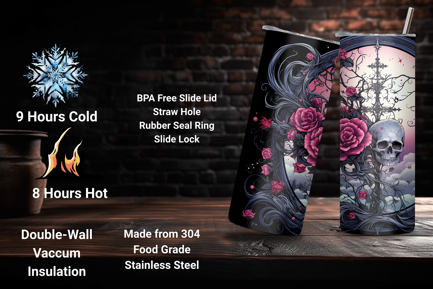 Gothic Rose Whisper Tumbler, Light and Dark Skull Tumbler, Goth or Halloween Gift, 20OZ Tumbler, 22OZ Tumbler, 30OZ Tumbler