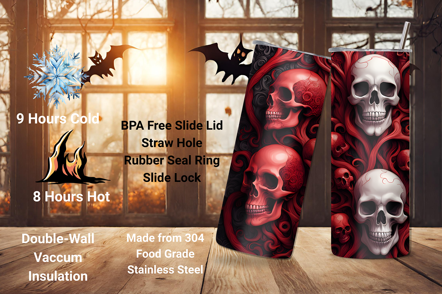 Eternal Elegance Skull Tumbler, Red and White Skull Travel Mug, Skulls of Halloween Night, 20OZ Tumblers, 22OZ Tumbler, 30OZ Tumbler