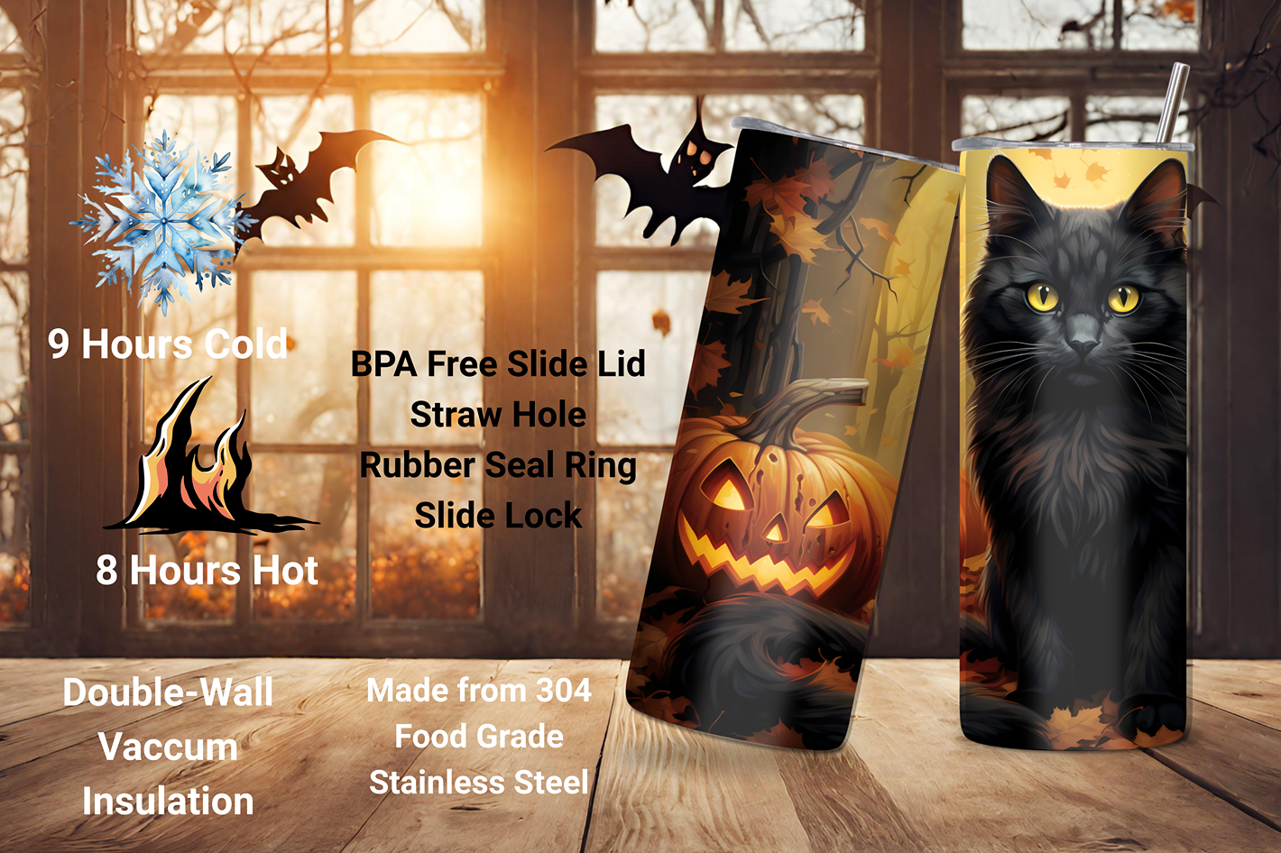 Mystical Midnight Cat Tumbler, Halloween Cat Travel Mug, Cat and Pumpkin Coffee Cup, Fall Cat Season, 20OZ Tumbler, 22OZ Tumbler, 30OZ Tumbler