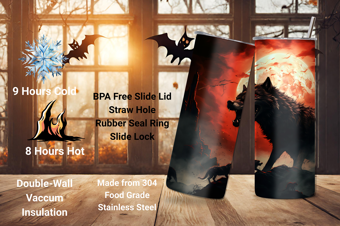 Lunar Howl Tumbler, Monster Haunted Night Wolf Travel Mug, Creepy Red Moon Coffee Mug, 20OZ Tumbler, 22OZ Tumbler, 30OZ Tumbler