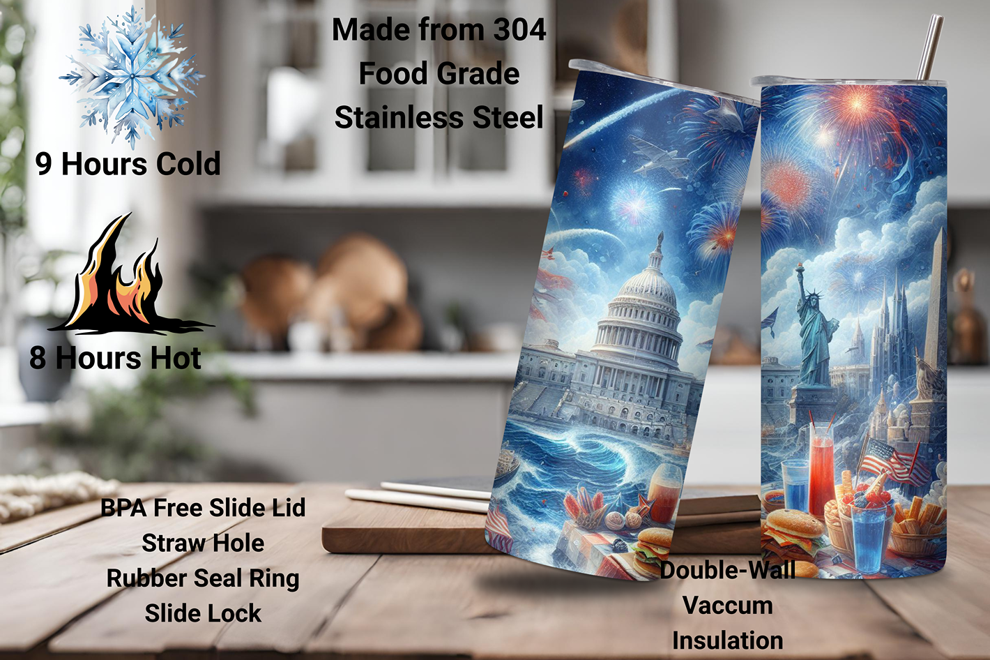 American Landmark Fireworks Celebration Tumbler, Patriotic US Capital Travel Mug, 4th of July Coffee Cup, 20OZ Tumbler, 22OZ Tumbler, 30OZ Tumbler