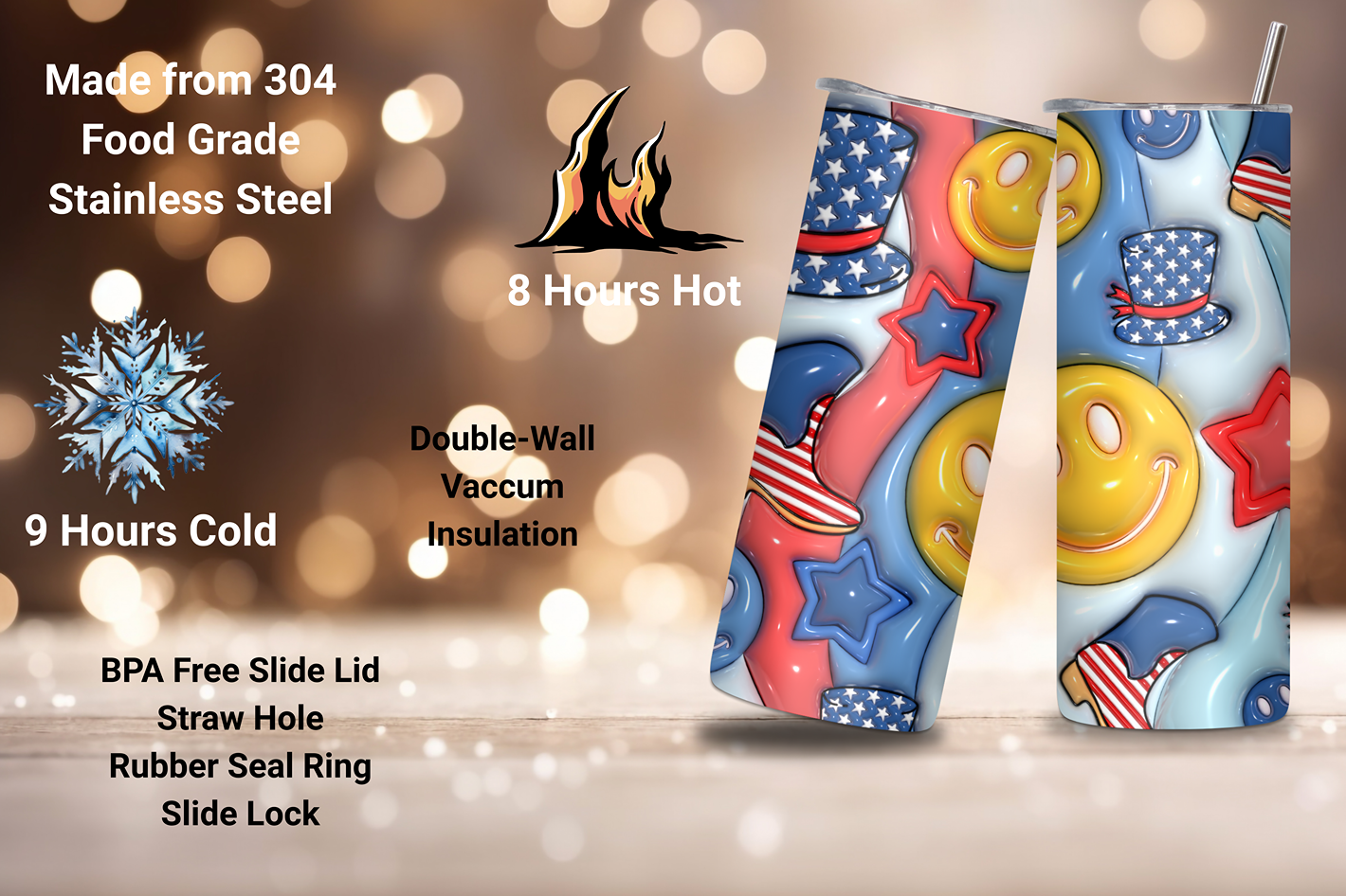 Festive Fun Tumbler, Happy Smile Tumbler, 4th of July Fun Coffee Cup, Travel Mug, 20OZ Tumbler, 22OZ Tumbler, 30OZ Tumbler