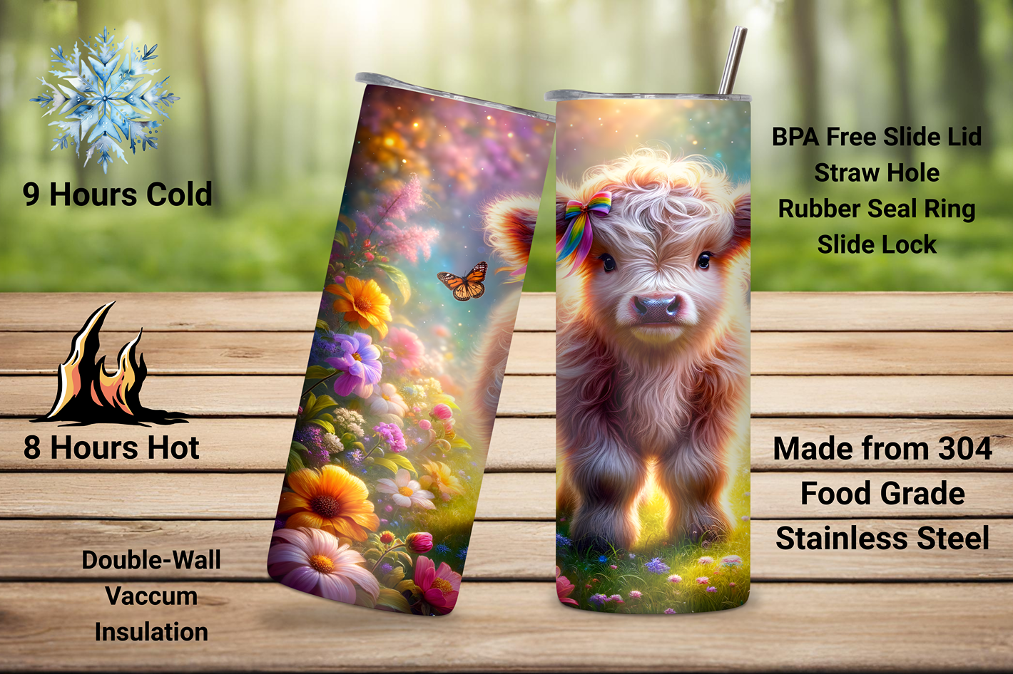 Floral Fantasy Highland Cow Tumbler, Flower and Cow Coffee Mug, Cute Cow Travel Cup, Gift for her, 20OZ Tumbler, 22OZ Tumbler, 30OZ Tumbler