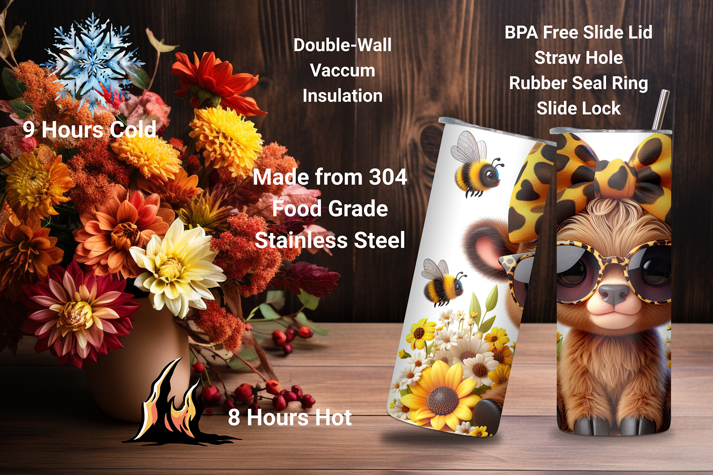 Bee Happy Highland Cow Tumbler, Cute Cow Coffee Cup, Cool Style Cheetah Print Travel Mug, 20OZ Tumbler, 30OZ Tumbler