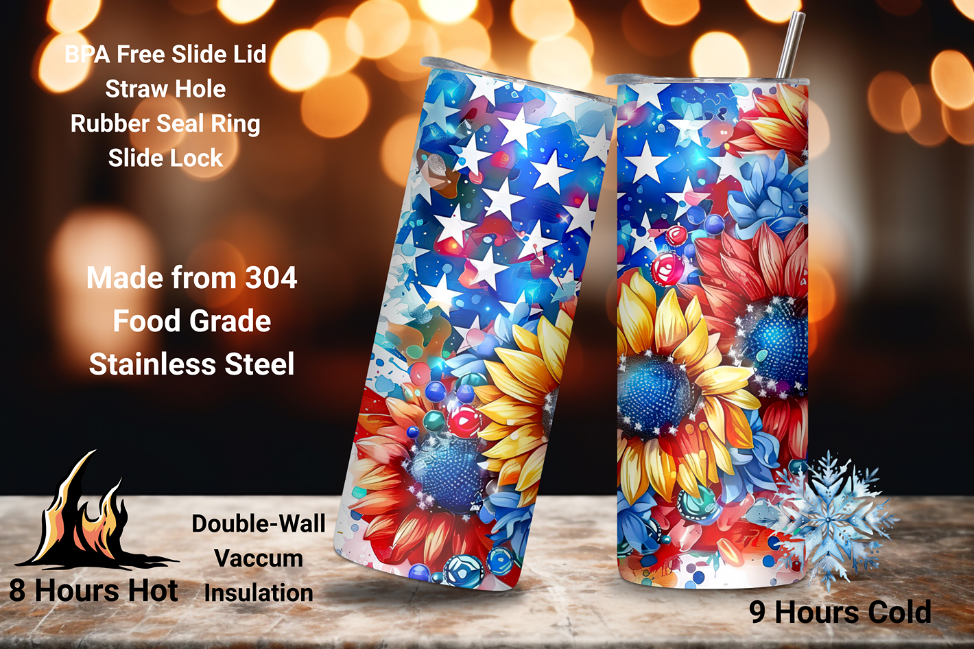 Sunflower and Star-Spangled Banner Tumbler, Patriotic Flag Travel Mug, USA Sprit Coffee Cup, 20OZ Tumbler, 22OZ Tumbler, 30OZ Tumbler