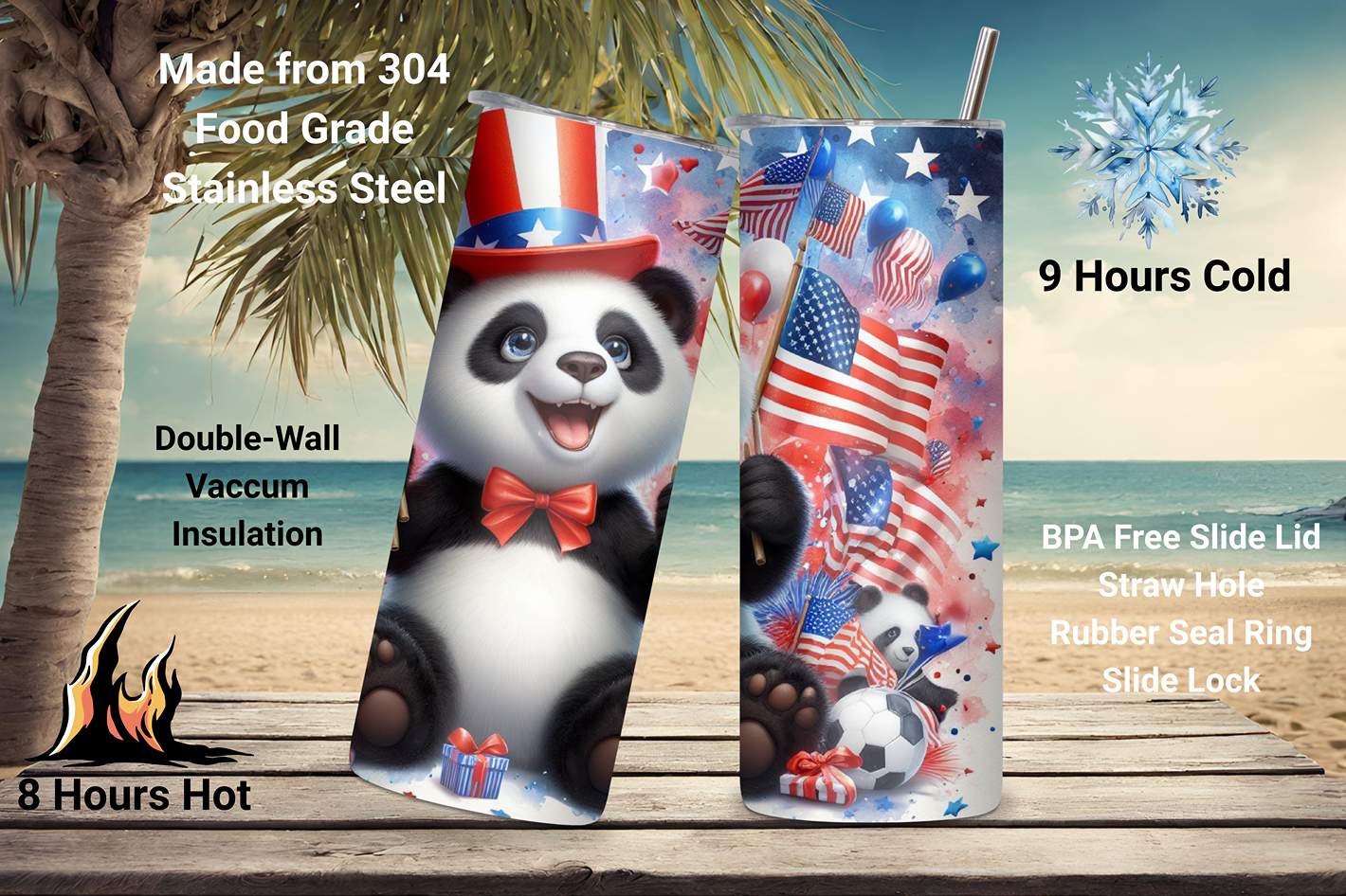 Patriotic Panda Party Tumbler, Flag Fun Travel Mug, Cute Animal Coffee Cup, 20OZ Tumbler, 22OZ Tumbler, 30OZ Tumbler