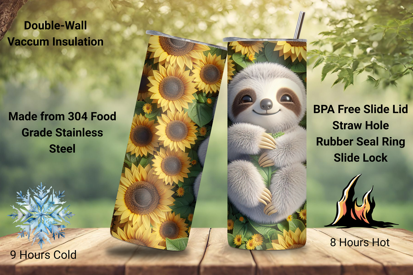 Sloth Sunflower Serenity Tumbler, Sloth Gift, Baby Cute Sloth Tumbler, 20OZ Tumbler, 22OZ Tumbler, 30OZ Tumbler