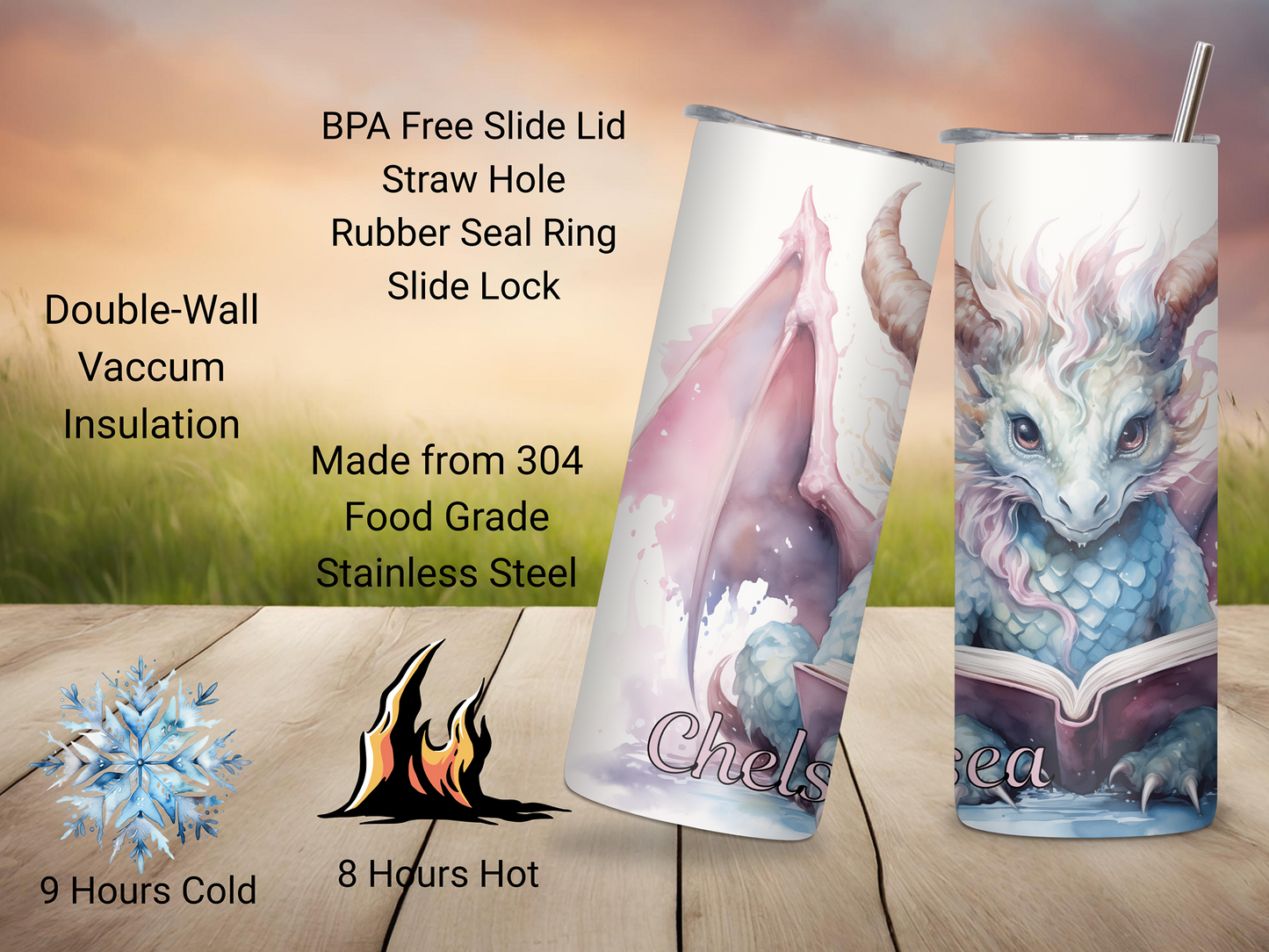 Whimsical Dragon Personalized Tumbler, Book Dragon Custom Tumbler, Dragon Tumbler, 20OZ Tumbler, 22OZ Tumbler, 30OZ Tumbler