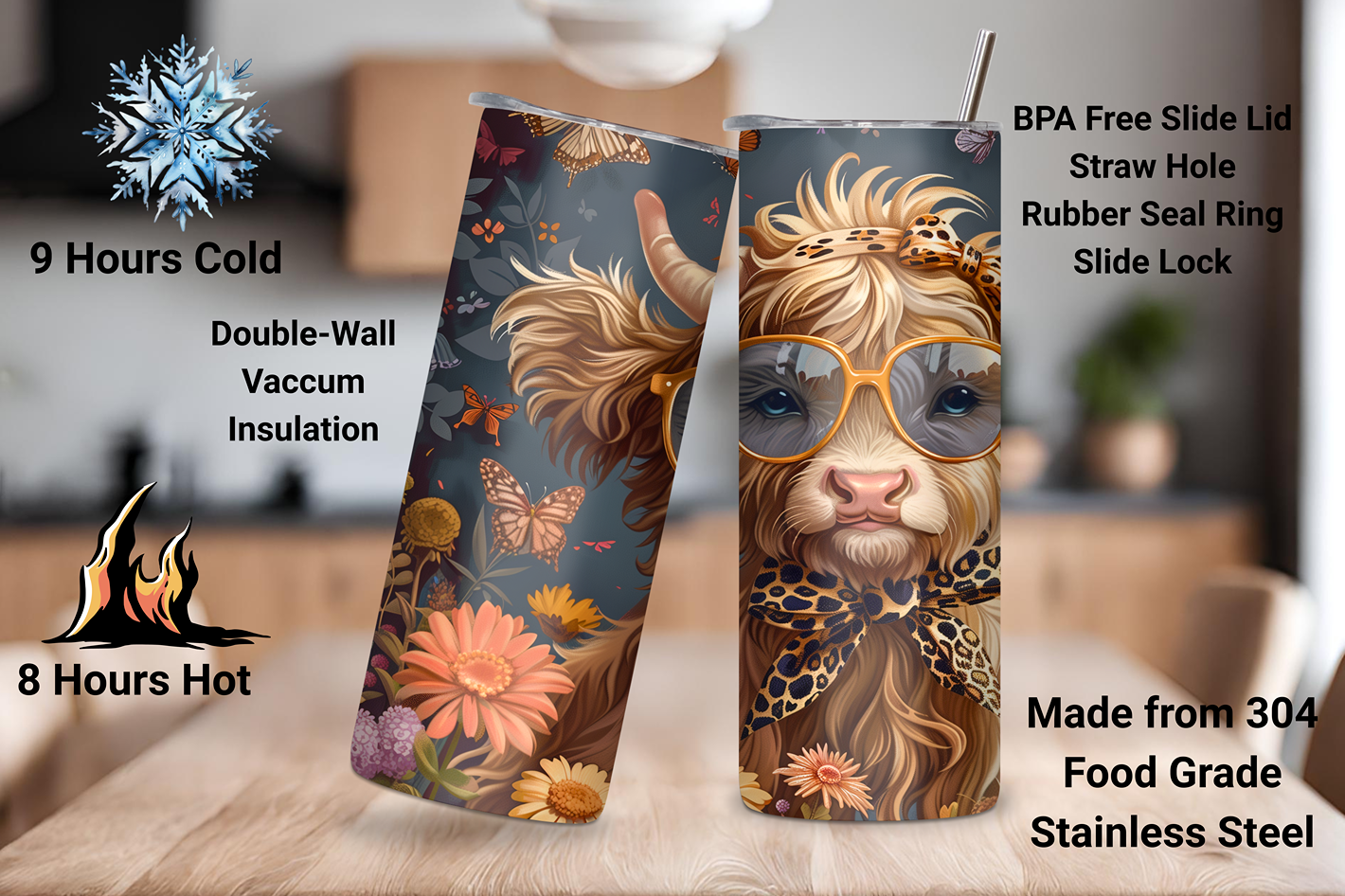 Fashionista Highland Cow Tumbler, Cheetah Print Coffee Cup, Cow with Style Travel Mug, Gift for Her, 20OZ Tumbler