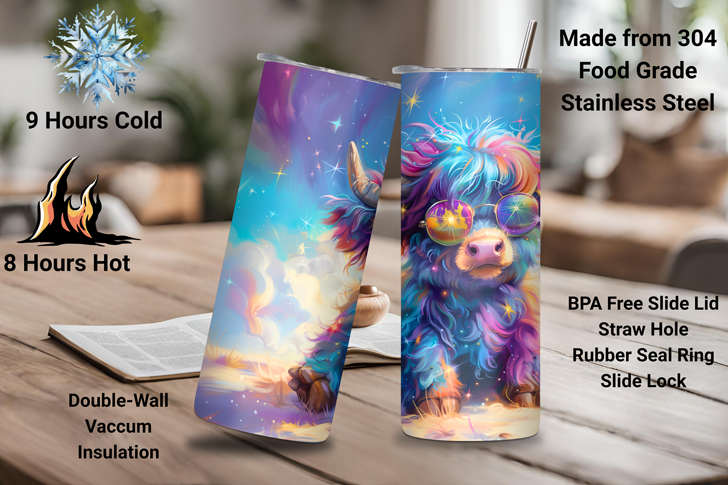 Cosmic Rainbow Highland Cow Tumbler, Retro Feeling Cow Travel Cup, Cute Baby Cow Coffee Cup, 20OZ Tumbler, 30OZ Tumbler