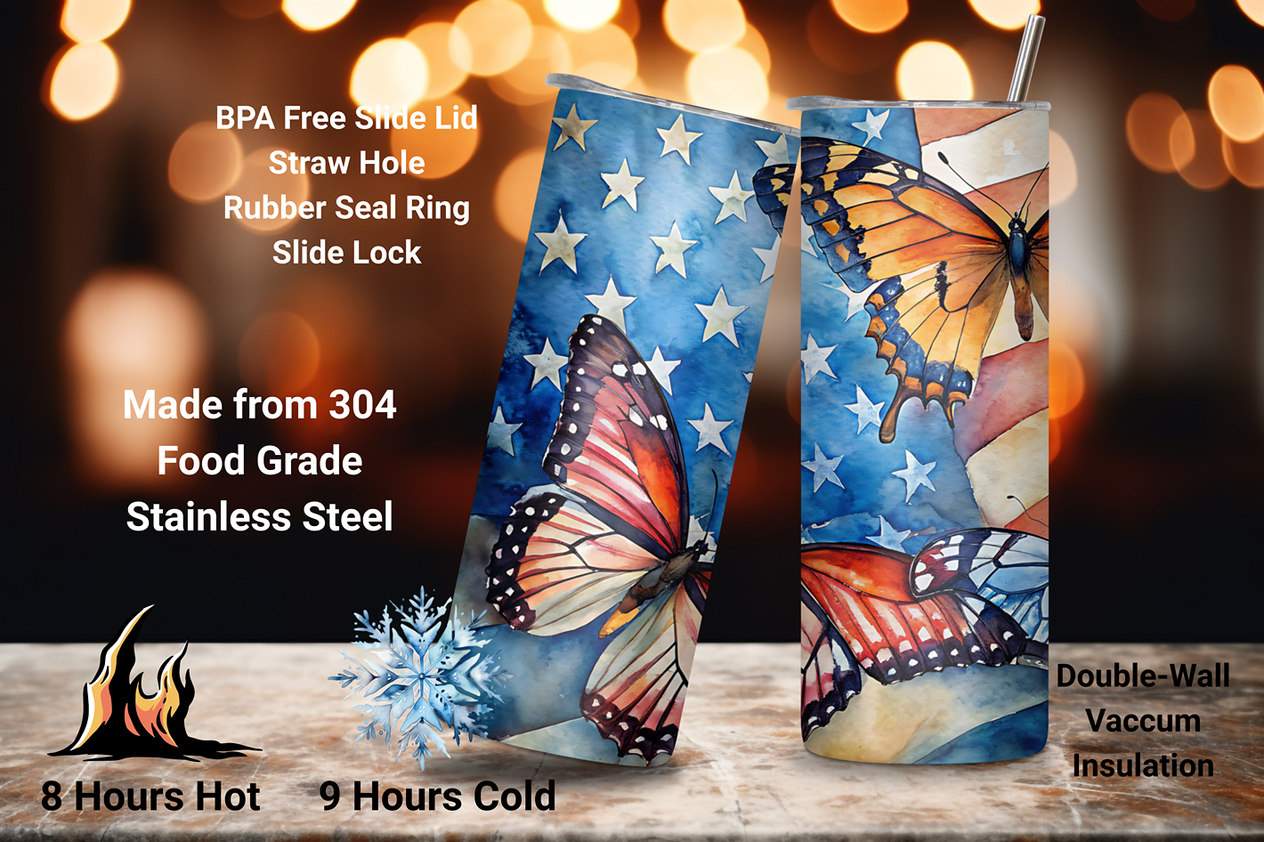 Personalized Butterfly Freedom Tumbler, 4TH of July Travel Mug, Customizable Tumbler, 20OZ Tumbler, 22OZ Tumbler, 30OZ Tumbler
