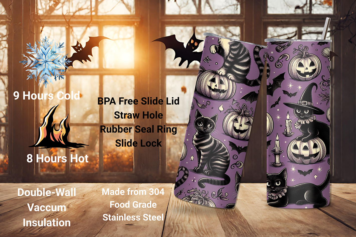 Halloween Black Cat Tumbler, Witch Cat Travel Mug, Halloween Gift, Gift for Her, 20OZ Tumbler, 22OZ Tumbler, 30OZ Tumbler