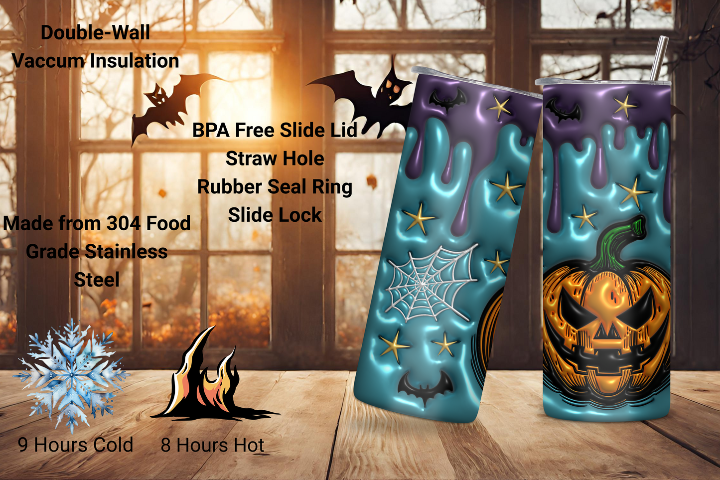 Ghoulish Glow Tumbler, Pumpkin and Bat Travel Mug, Halloween Tumbler, 20OZ Tumbler, 22OZ Tumbler, 30OZ Tumbler