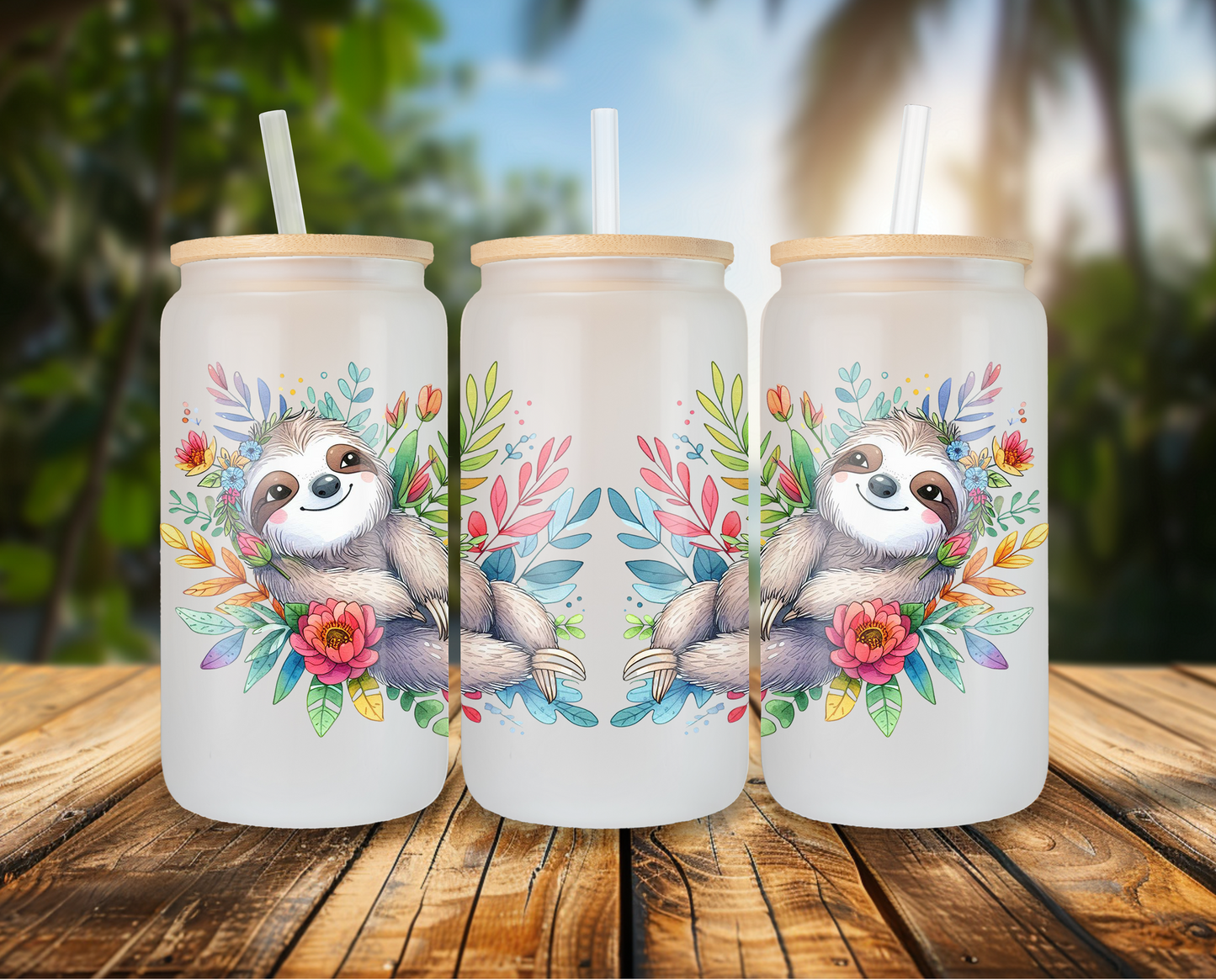 Three frosted glass cans with a sloth design on a wooden table with a tropical background. Each glass features a charming sloth lying amongst colorful flowers and leaves. The glasses have bamboo lids and clear straws, offering a fun and unique twist to the regular glass cup, perfect for summertime beverages