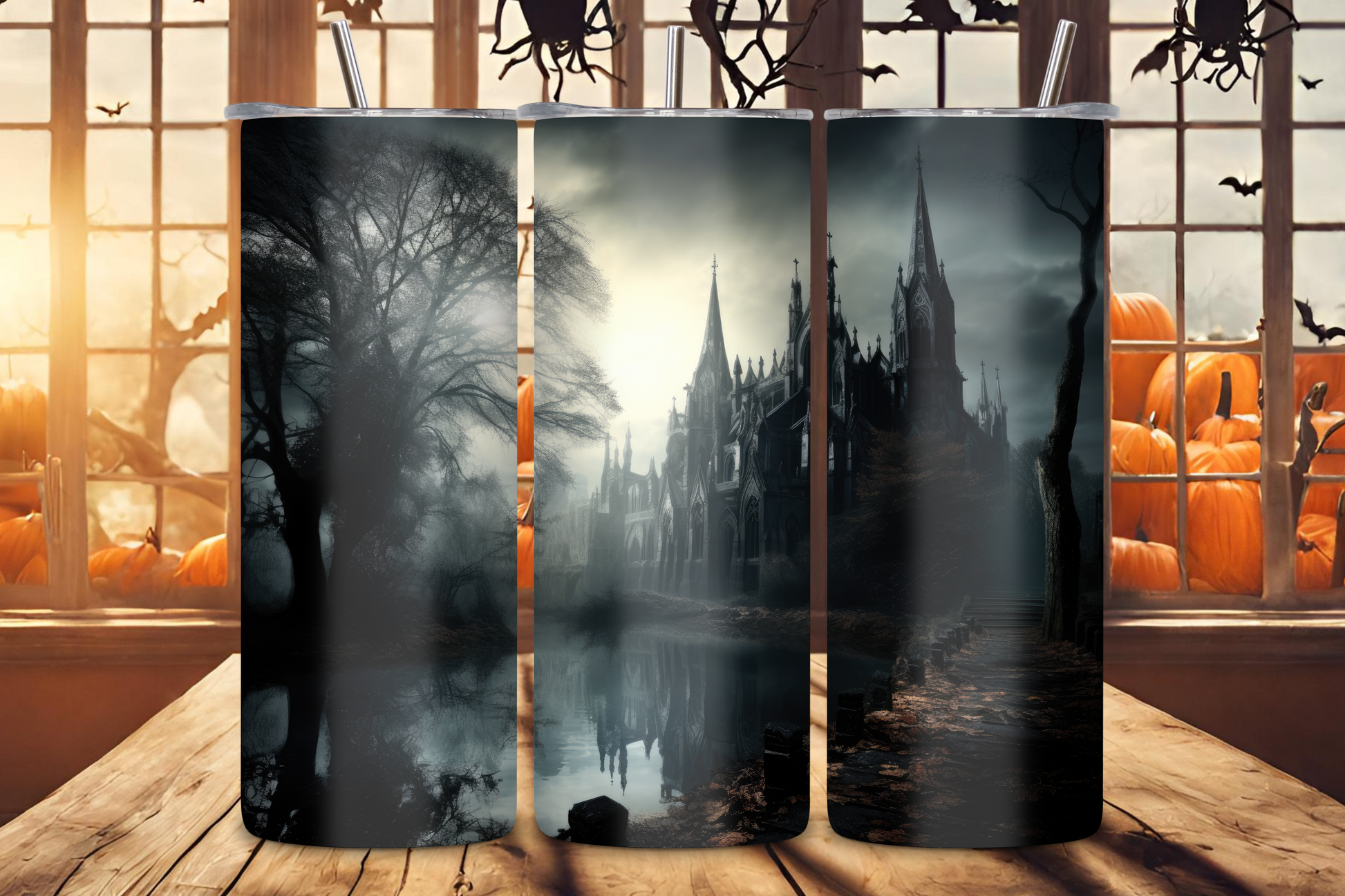 Detailed image of a Halloween-themed tumbler with a Gothic cathedral at dusk design, featuring dark silhouettes of barren trees and a reflective body of water under a twilight sky. This eerie yet beautiful tumbler captures the essence of a haunted Gothic landscape
