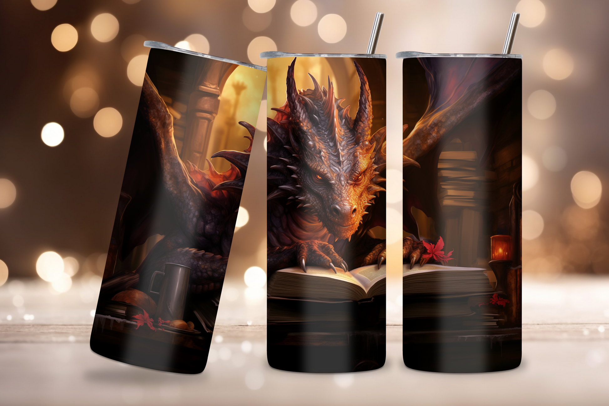 20OZ and 30OZ tumblers featuring an intricately detailed dragon reading a book amidst a background of ancient scrolls and soft candlelight, blending fantasy art with a cozy, old-world library atmosphere