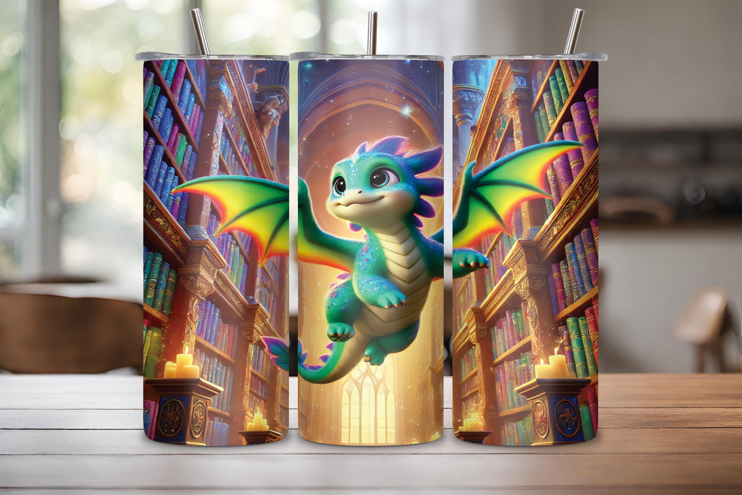 Tumbler featuring a playful baby dragon flying through an enchanted library, surrounded by books, glowing candles, and magical light