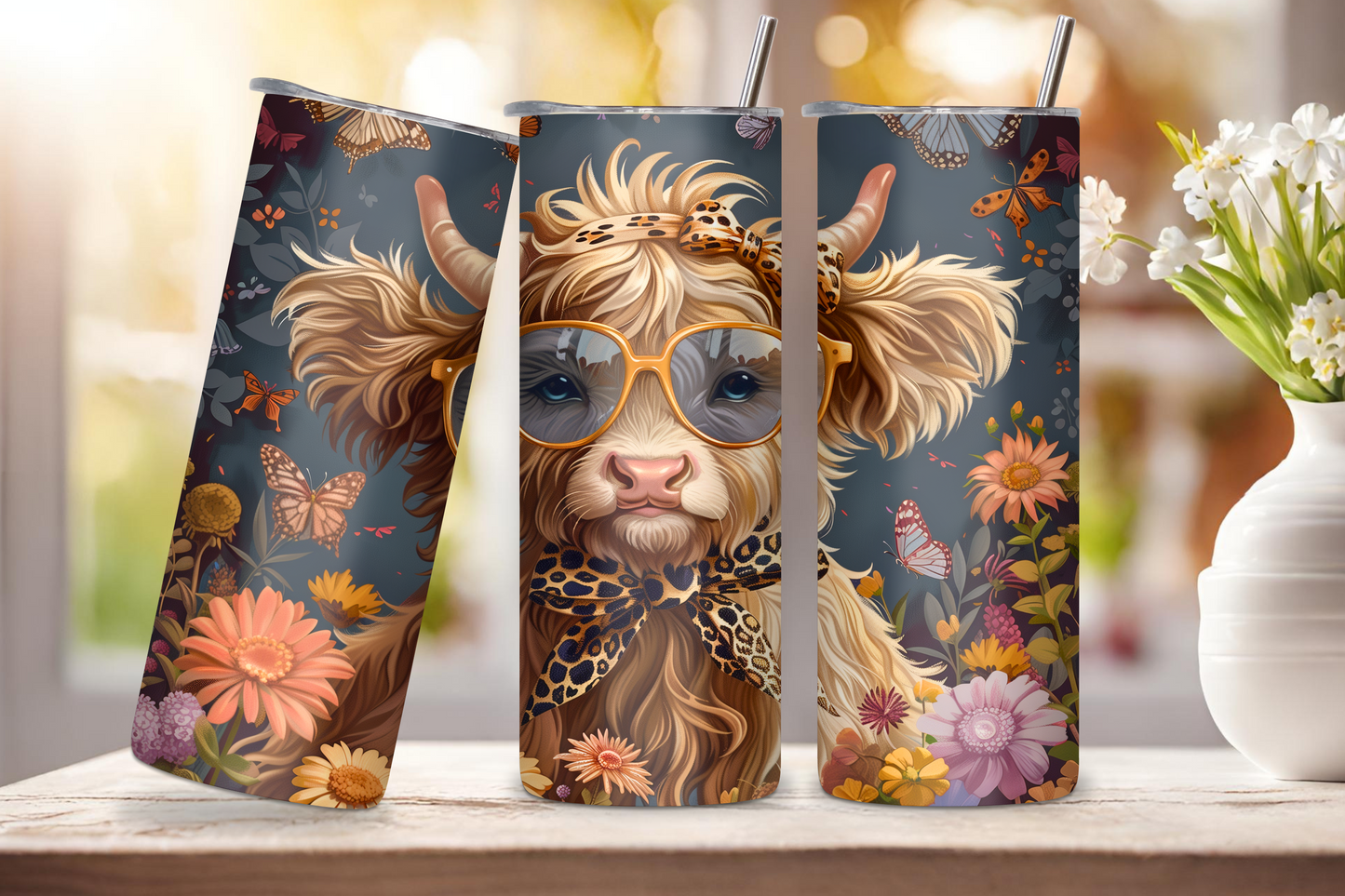 Fashionista Highland Cow Tumbler, Cheetah Print Coffee Cup, Cow with Style Travel Mug, Gift for Her, 20OZ Tumbler