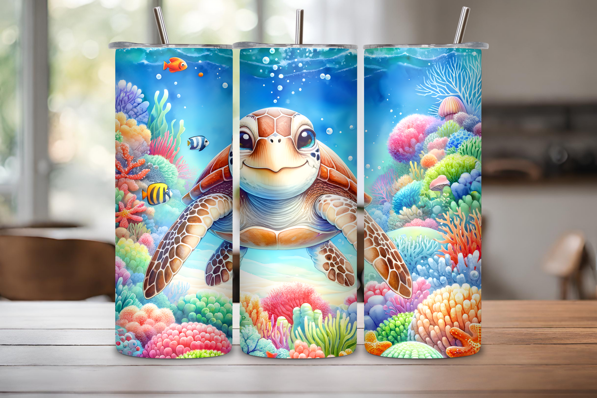 Ocean Explorer Tumbler, Cute Sea Turtle Cup. Rainbow Colored Ocean