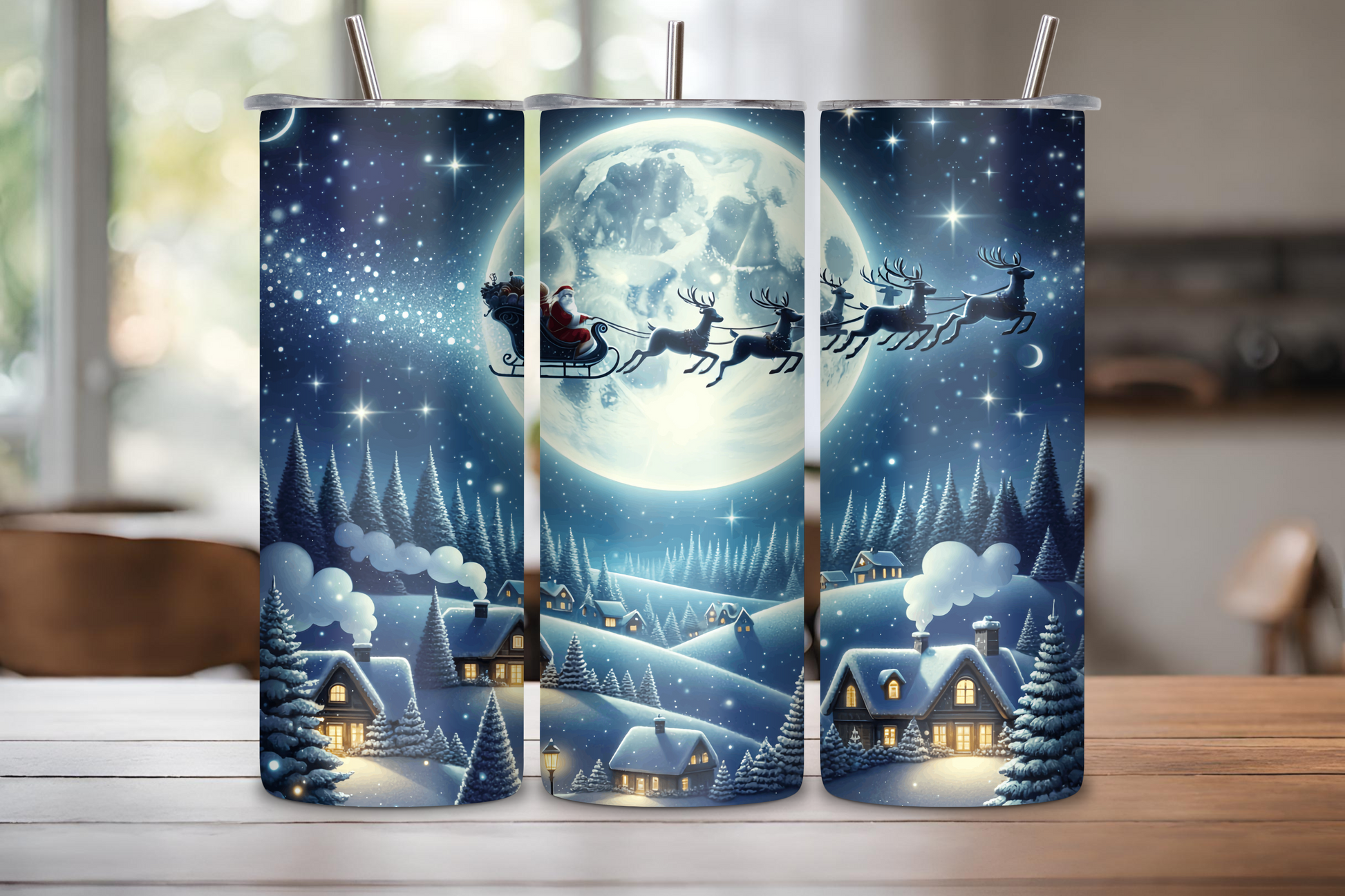 Holiday-themed tumbler featuring Santa in his sleigh flying over a snowy village under a glowing full moon and twinkling stars.