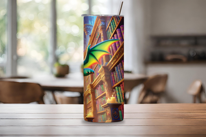 Enchanted Library Dragon Tumbler, Cute Baby Dragon Insulated Tumbler, Fantasy Gift Travel Mug, Adorable Dragon Coffee Cup 20OZ 30OZ