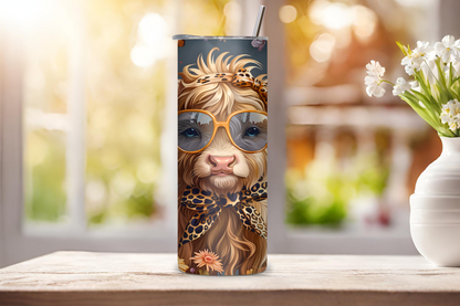 Fashionista Highland Cow Tumbler, Cheetah Print Coffee Cup, Cow with Style Travel Mug, Gift for Her, 20OZ Tumbler