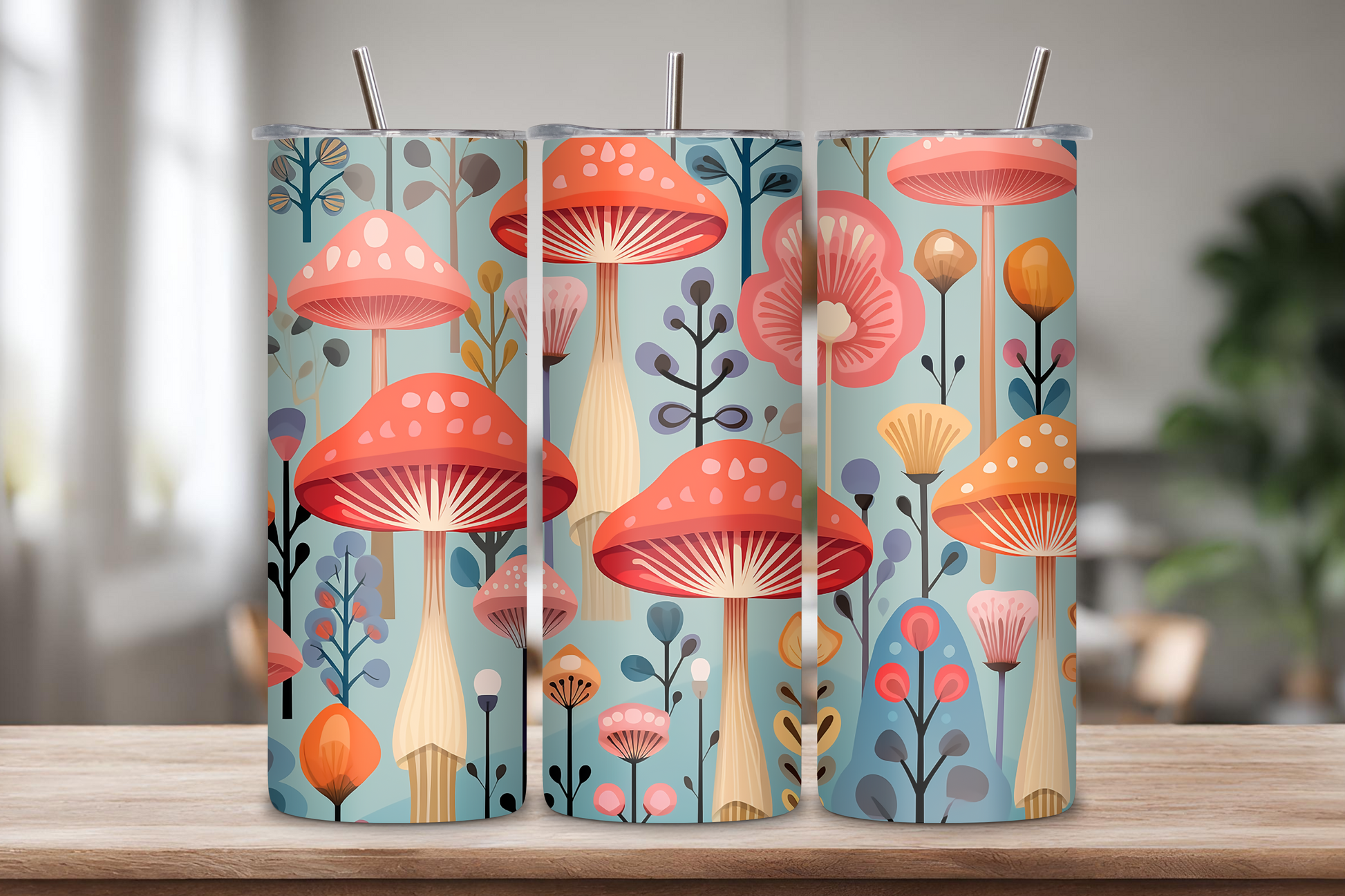 Tumbler featuring a colorful mushroom and floral pattern with whimsical botanical elements on a pastel blue background