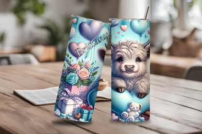 Personalized Valentine Highland Cow Tumbler, Custom Cow Mug, Calf Gift Insulated Tumbler 20OZ 30OZ Tumlber