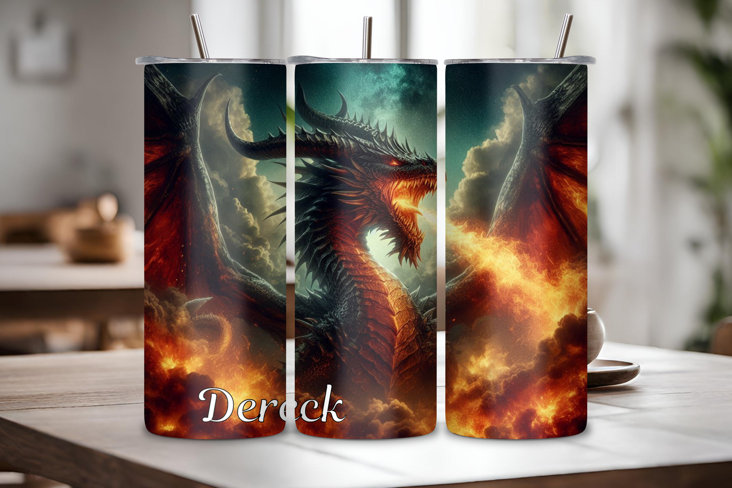 Customizable fire dragon tumbler featuring a fierce, fire-breathing dragon with a stormy background and a name personalization option up to 12 characters