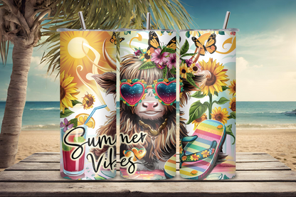 Summer Vibes Highland Cow Tumbler, Beach Time Travel Mug, Sunflower Coffee Cup, Gift for Her, 20OZ Tumbler, 22OZ Tumbler, 30OZ Tumbler