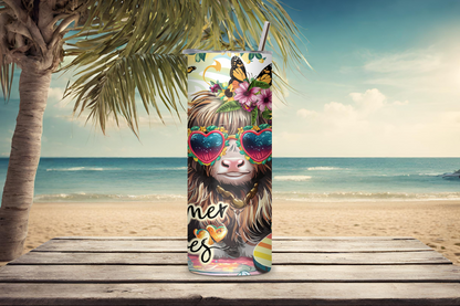 Summer Vibes Highland Cow Tumbler, Beach Time Travel Mug, Sunflower Coffee Cup, Gift for Her, 20OZ Tumbler, 22OZ Tumbler, 30OZ Tumbler