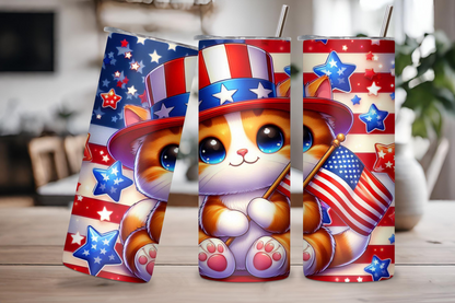 Patriotic Kitten Tumbler, 4th of July Cup, Cute Animal and Flag Travel Mug, 20OZ Tumbler, 22OZ Tumbler, and 30OZ Tumbler