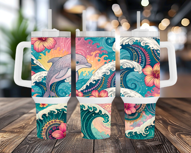 Three 40OZ tumblers featuring a jumping dolphin surrounded by ocean waves and tropical flowers, each with a white lid and straw, displayed on a wooden surface with a blurred indoor background.