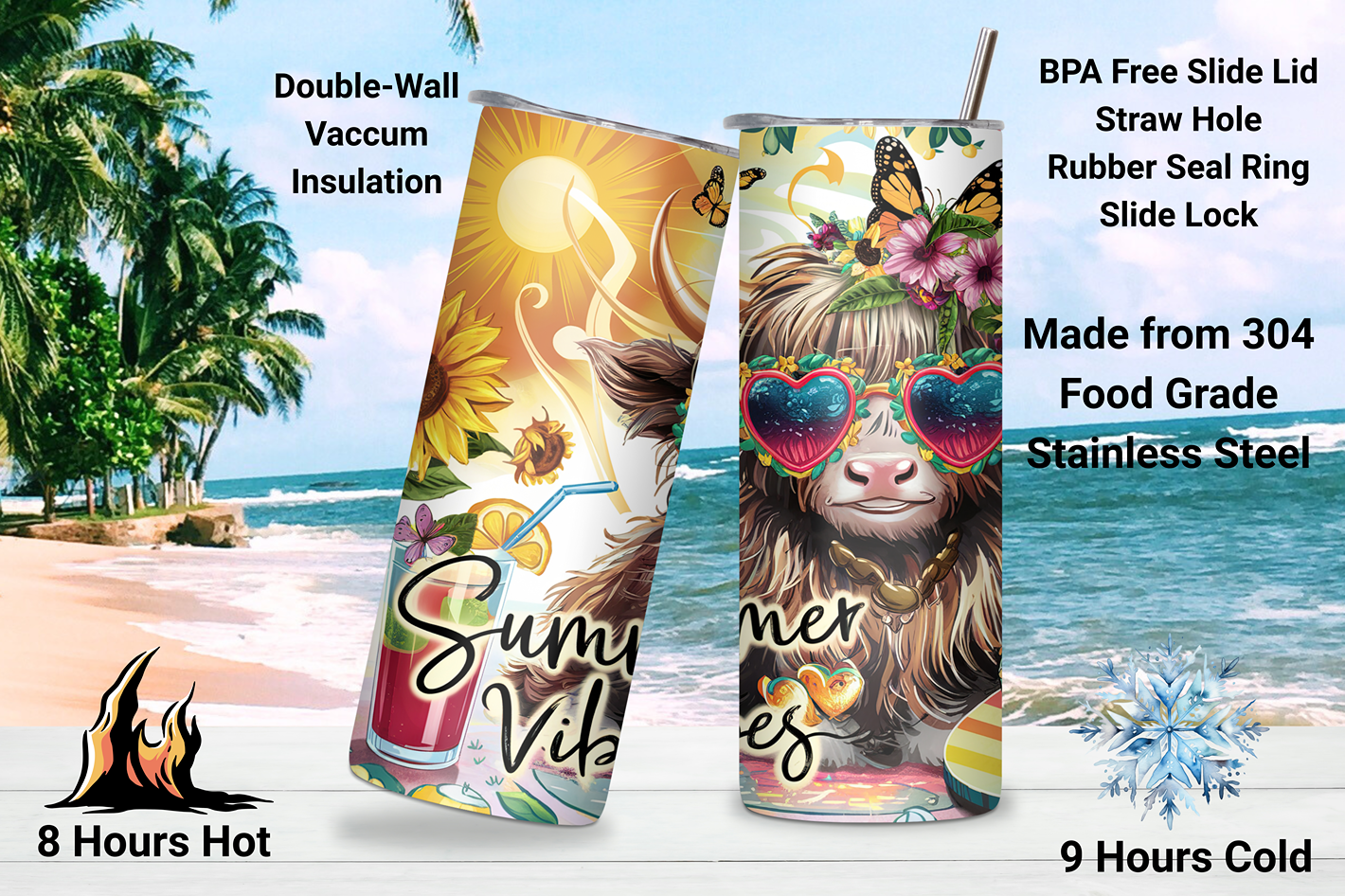 Summer Vibes Highland Cow Tumbler, Beach Time Travel Mug, Sunflower Coffee Cup, Gift for Her, 20OZ Tumbler, 22OZ Tumbler, 30OZ Tumbler