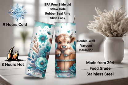 Floral Bliss Highland Cow Tumble, Light Blue Style Travel Cup, Flowers and Cow Coffee Cup, Gift for her, 20OZ Tumbler
