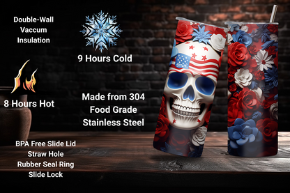 Patriotic Skull Tumbler, 4Th of July Skull Tumbler, Independence Day Travel Mug, 20OZ Tumbler, 22OZ Tumbler, 30OZ Tumbler